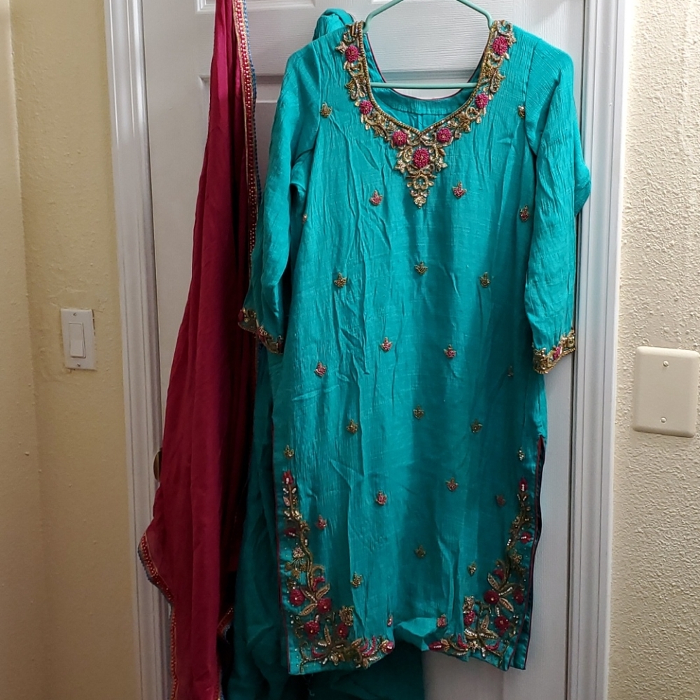 Seagreen, Semi-heavy, Mixed Cotton, Patiala Suit